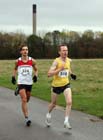 Conrad Franks (Gateshead) and eventual winner Nigel Rackham (Metros) lead  the Newcastle Town Moor Marathon. Photo: David T. Hewitson/Sports for All Pics